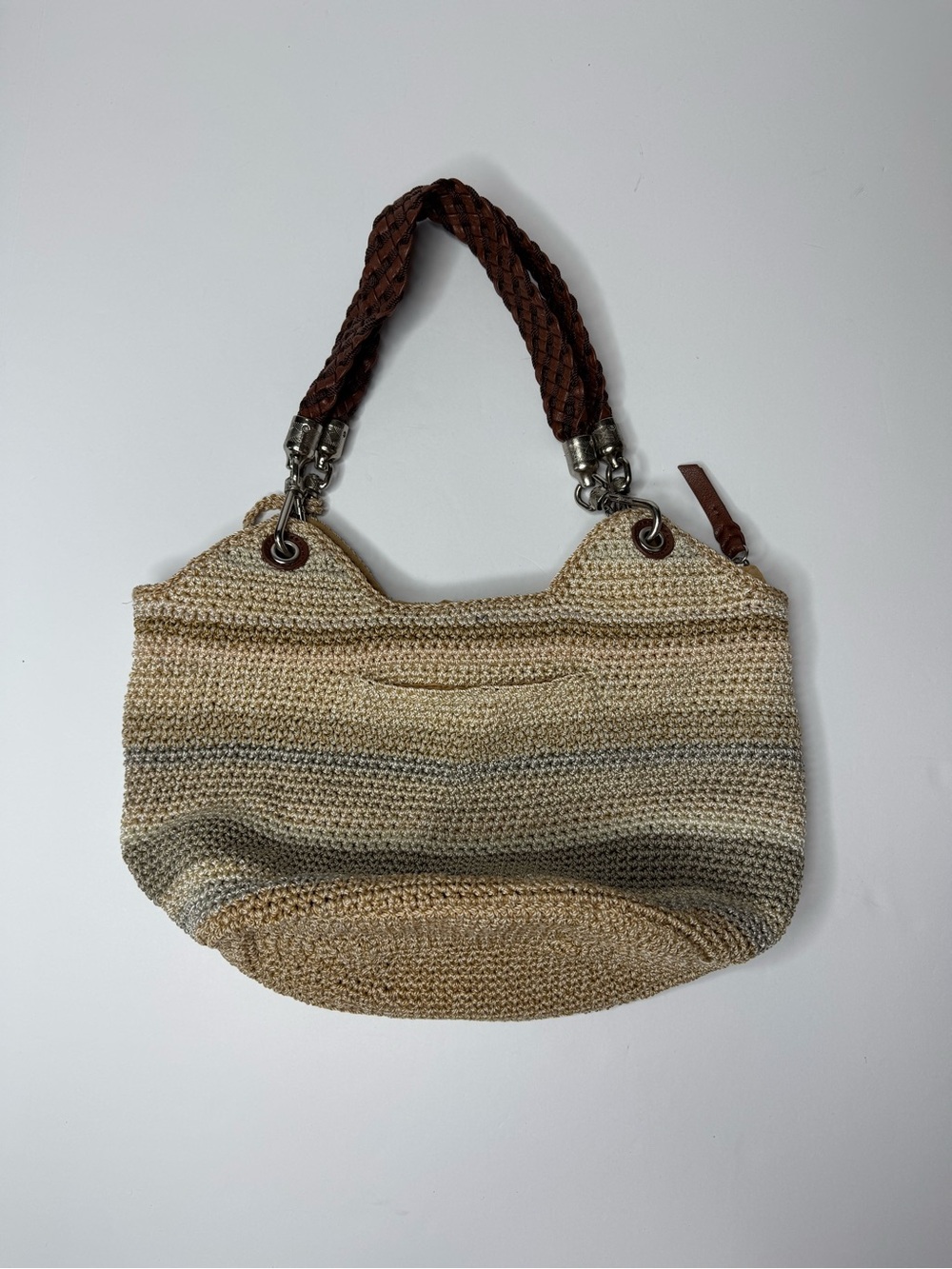The Sak Indio Crochet Hobo Bag Neutral Stripe Knit Shoulder Purse - Picture 4 of 9